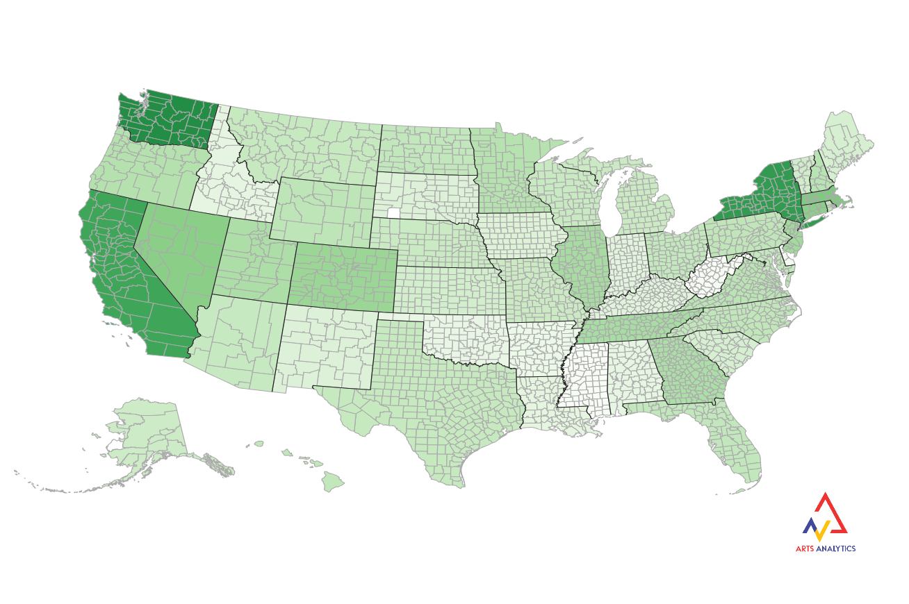 Choropleth map of the USA, showing VApcall