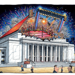 Kennedy Center as renovated to become a Vegas-style professional wrestling arena, in the style of a political cartoon.
